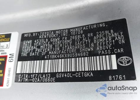 2009 Toyota Camry Se from USA, damaged, VIN 4T1BK46KX9U594682